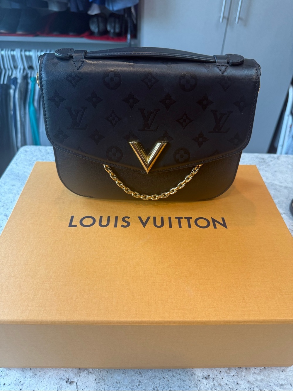 Louis Vuitton Black Monogram V-Chain Shoulder Bag with Gold Hardware